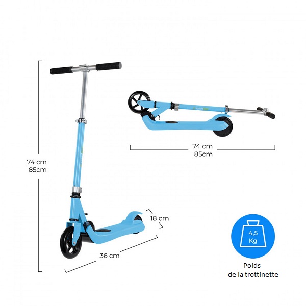 Les dimensions de la trottinette électrique bleue pour enfants.