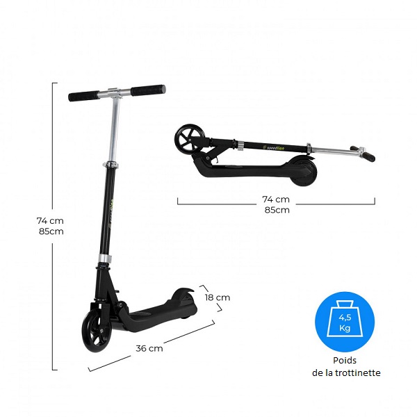 Les dimensions de la trottinette électrique noire pour enfants.